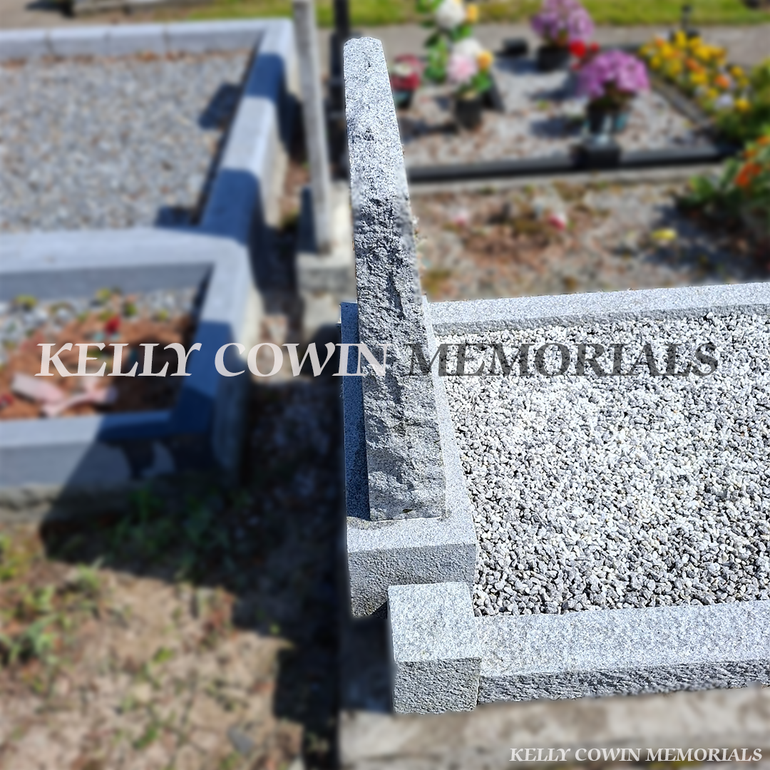 After renovation of restored granite boulder headstone and limestone kerbing in Lusk Cemetery