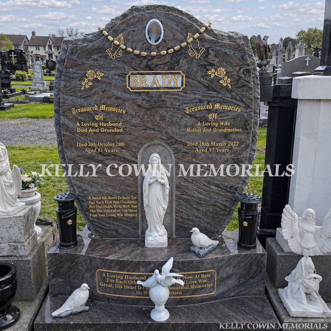 Before and after grotto headstone restoration in Palmerstown Cemetery Dublin showing cleaned, restored and re-gilded memorial by Kelly Cowin Memorials