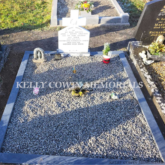 Before and after grave renovation with new granite borders and memorial chippings by Kelly Cowin Memorials Dublin Ireland offering local and nationwide memorial restoration services