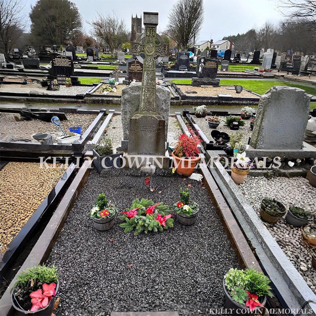before celtic cross grave renovation with cleaned headstone and new stone chippings in Dublin Ireland