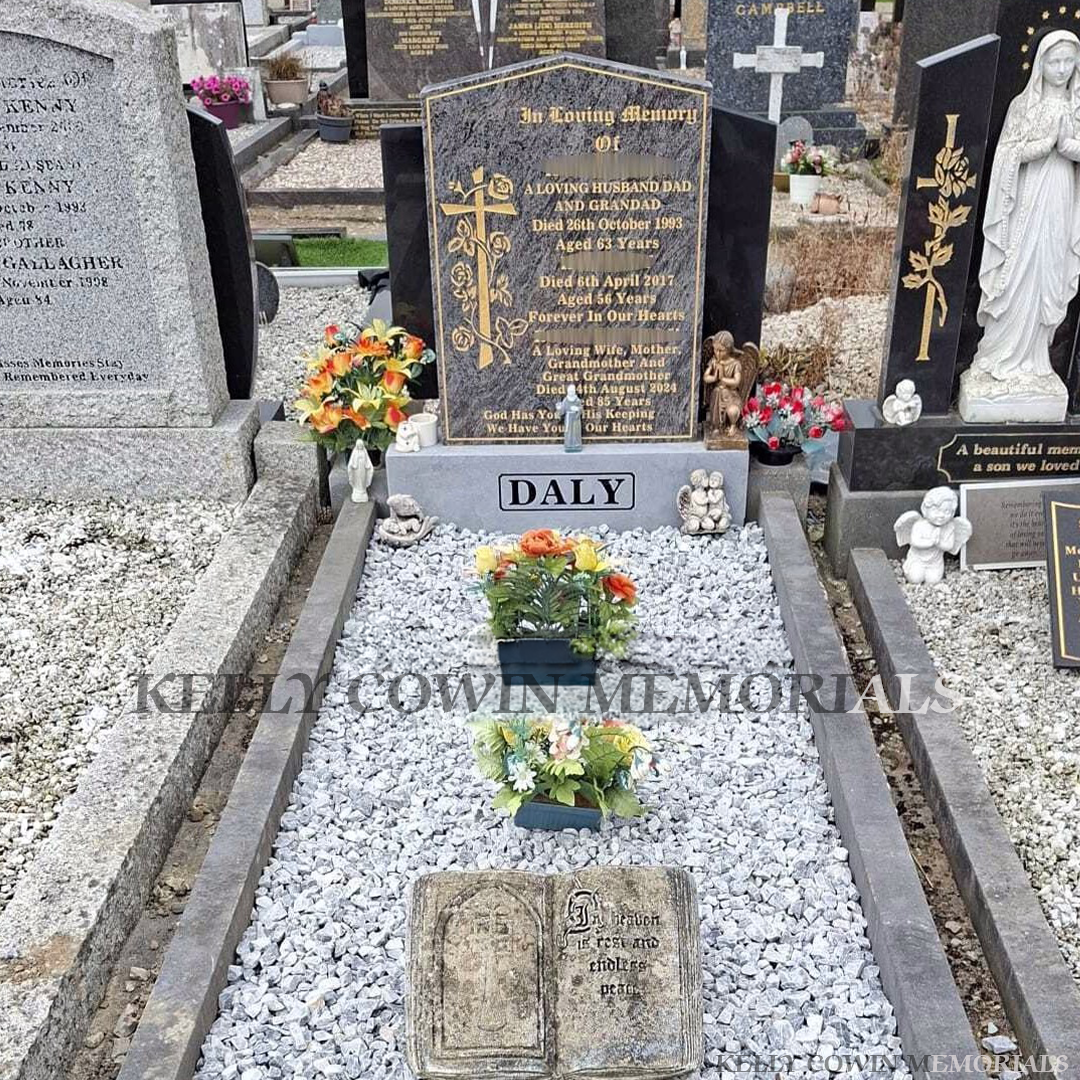 Before and after gravestone renovation showing restored memorial base, repainted headstone, concrete foundation and white chippings by Kelly Cowin Memorials Ireland