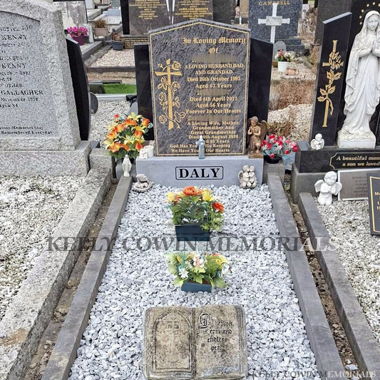 Before and after gravestone renovation showing restored memorial base, repainted headstone, concrete foundation and white chippings by Kelly Cowin Memorials Ireland