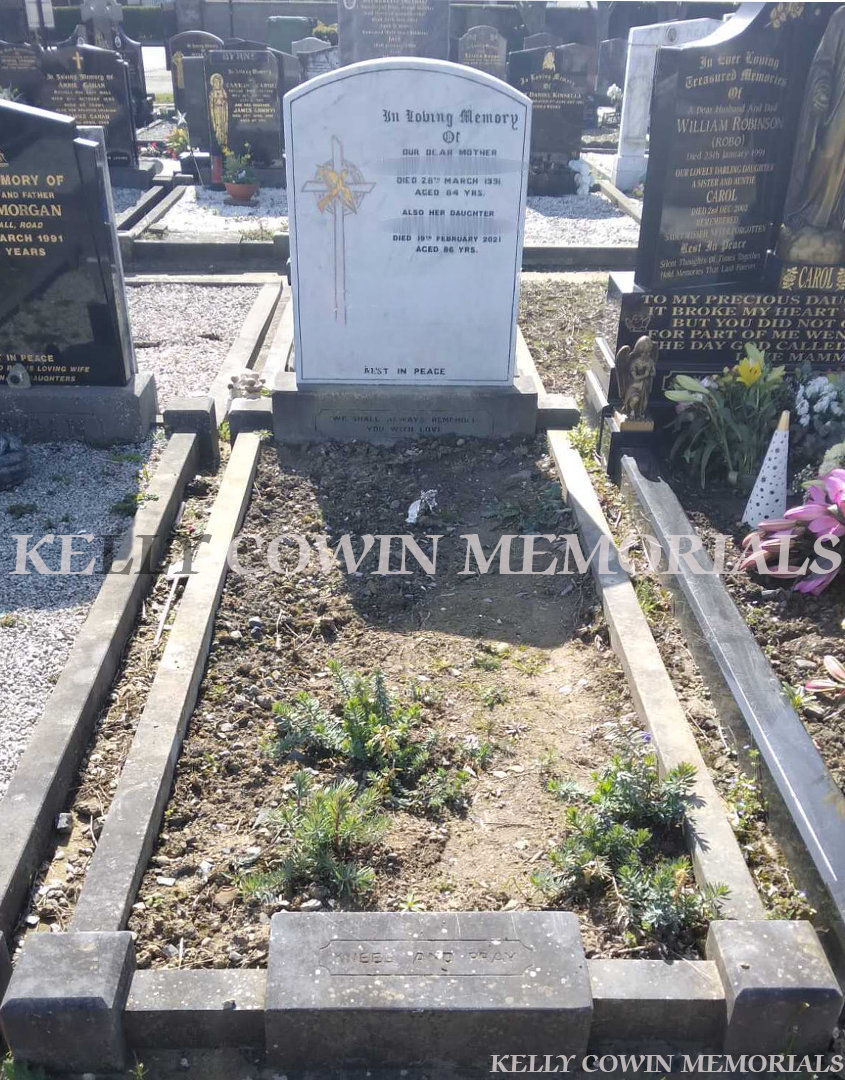 before grave renovation with new black granite kerbing and fresh stone chippings in Dublin, memorial restoration service across Ireland