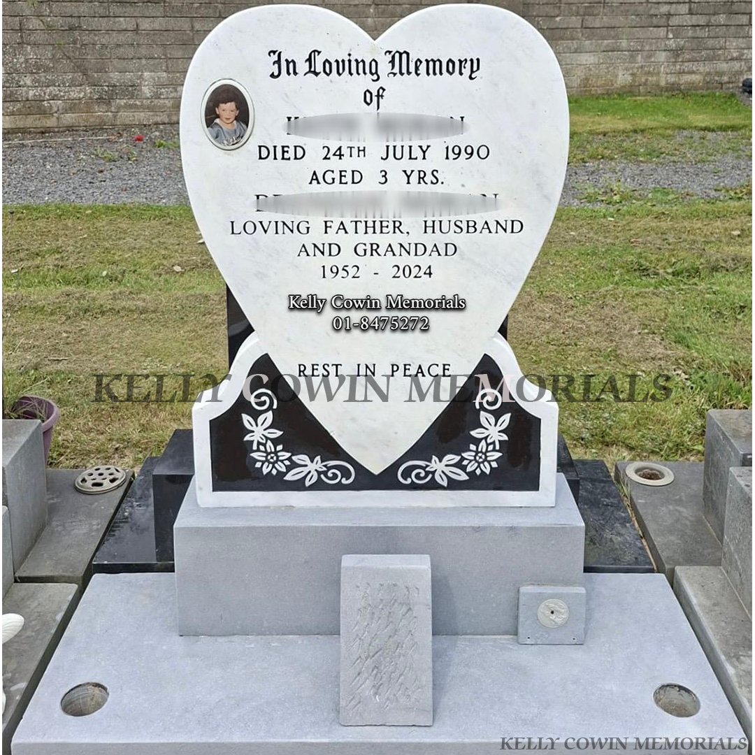 before and after heart shaped headstone renovation with cleaned and repainted memorial in Dublin cemetery