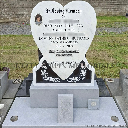 before and after heart shaped headstone renovation with cleaned and repainted memorial in Dublin cemetery