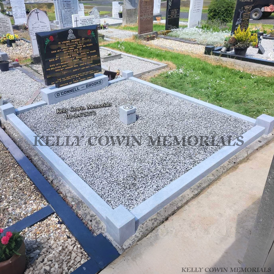 after grave renovation with limestone kerbing and decorative stone chippings in Dublin cemetery