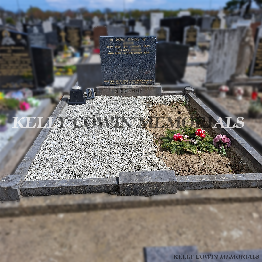 Before renovation of Blue Pearl headstone and limestone kerbing in St. Peter and Paul’s Cemetery
