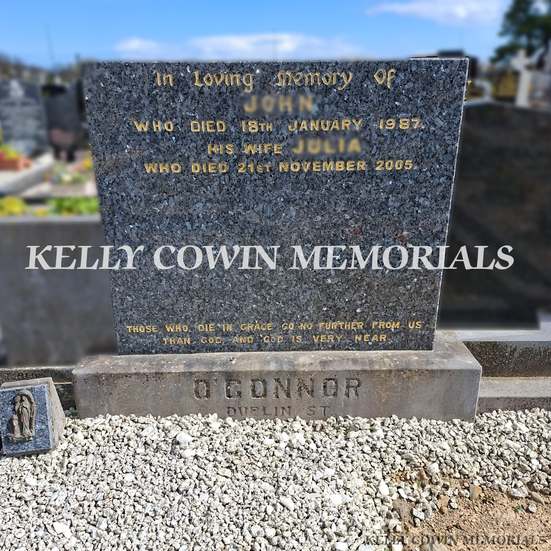 Before renovation of Blue Pearl headstone and limestone kerbing in St. Peter and Paul’s Cemetery