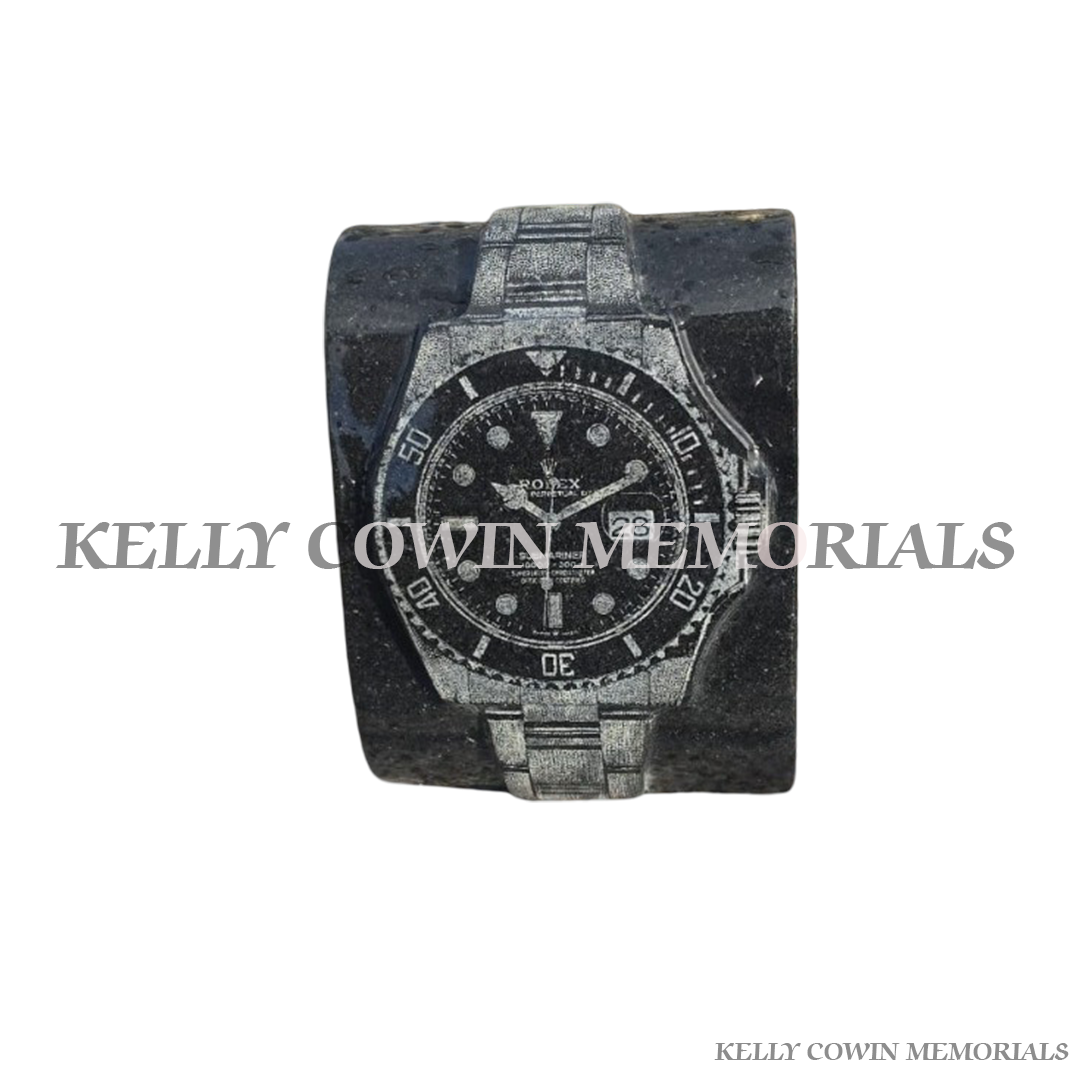 Face view Diamond granite Rolex watch memorial ornament for graves and headstones handcrafted in Dublin with nationwide delivery across Ireland 