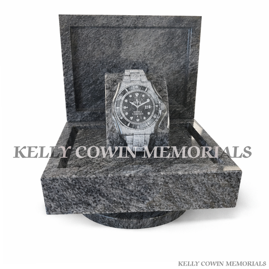 Blue Lagoon granite Rolex watch memorial grave accessory with laser etched watch design by Kelly Cowin Memorials Ireland