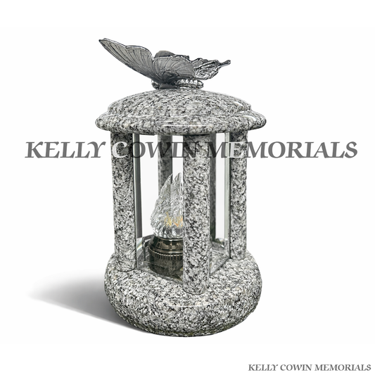 Grey Granite Round Lantern With Silver Butterfly Statue | Kelly Cowin Memorials