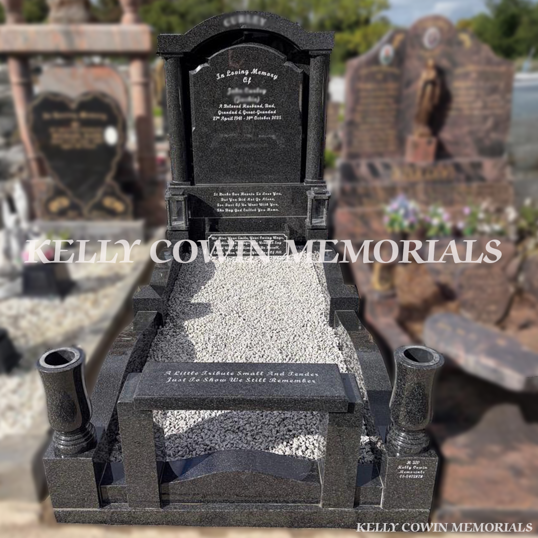 Rustenburg Top Nine granite headstone with backing plate, round pillars, curved cap, full kerbing, grey granite chippings, memorial seat, vases and solar lanterns.