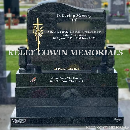 Front view of Rustenburg C1 headstone on sub-base, base and plinth in Balgriffin Cemetery Dublin