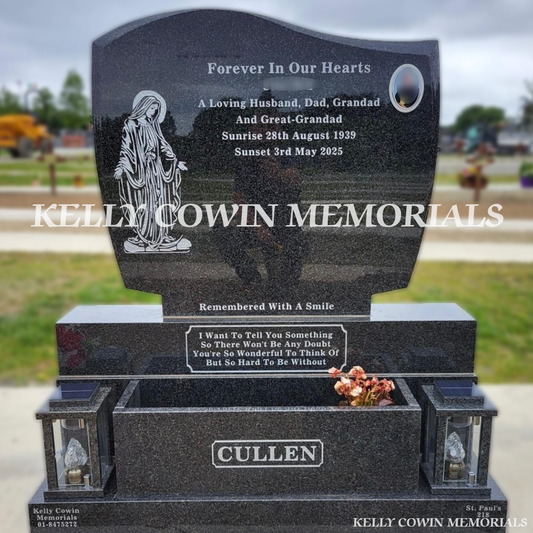 Front view of Rustenburg C1 headstone with silver inscription, flower box and oval ceramic photograph in Balgriffin Cemetery Dublin