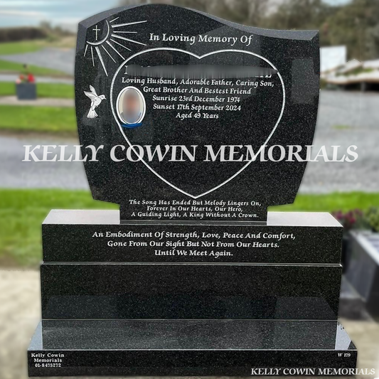 Front view of Rustenburg granite C1 headstone with silver inscription in Dardistown Cemetery