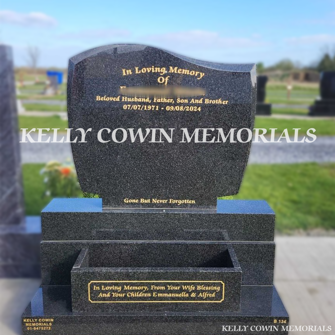 Front view of Rustenburg C1 headstone with gold inscription and flower box in Dardistown Cemetery Dublin