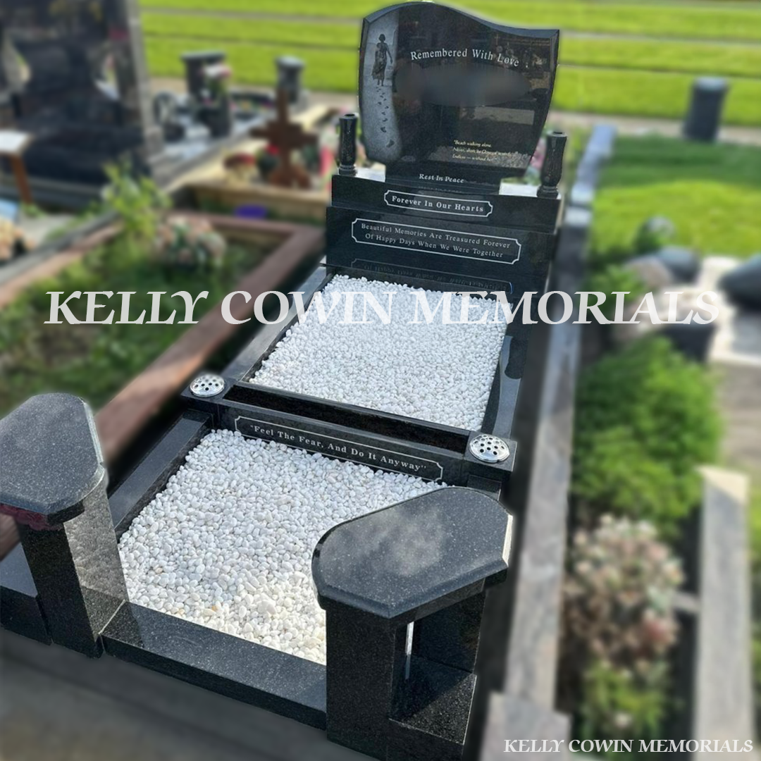 Front view of Rustenburg C1 headstone with silver inscription and laser image in Fingal Cemetery Dublin