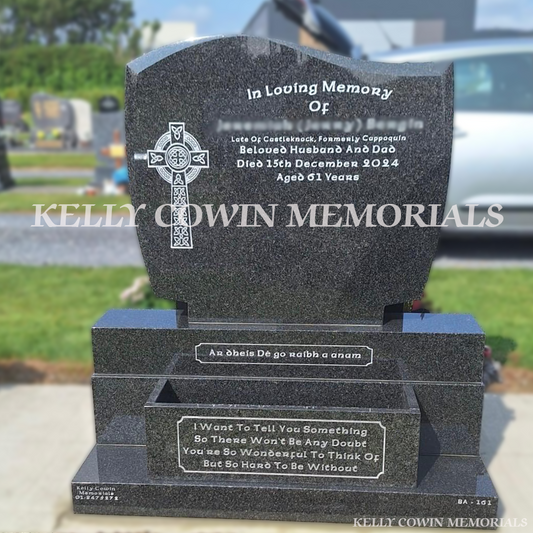 Rustenburg Granite C1 headstone with flowerbox installed in Dardistown Cemetery by Kelly Cowin Memorials