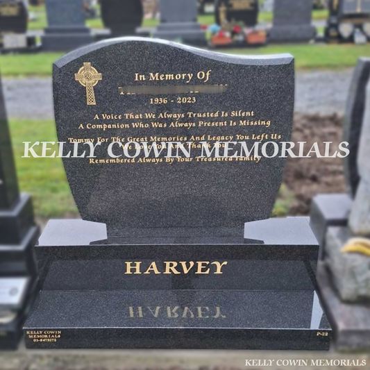 Front view of Rustenburg C1 headstone with gold inscription on base and plinth in Dardistown Cemetery Dublin