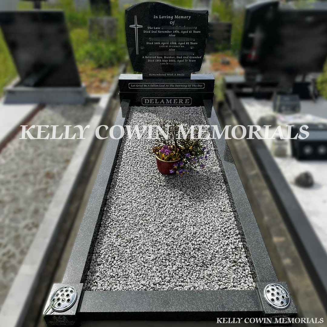 Front view of Rustenburg granite C1 headstone with silver inscription