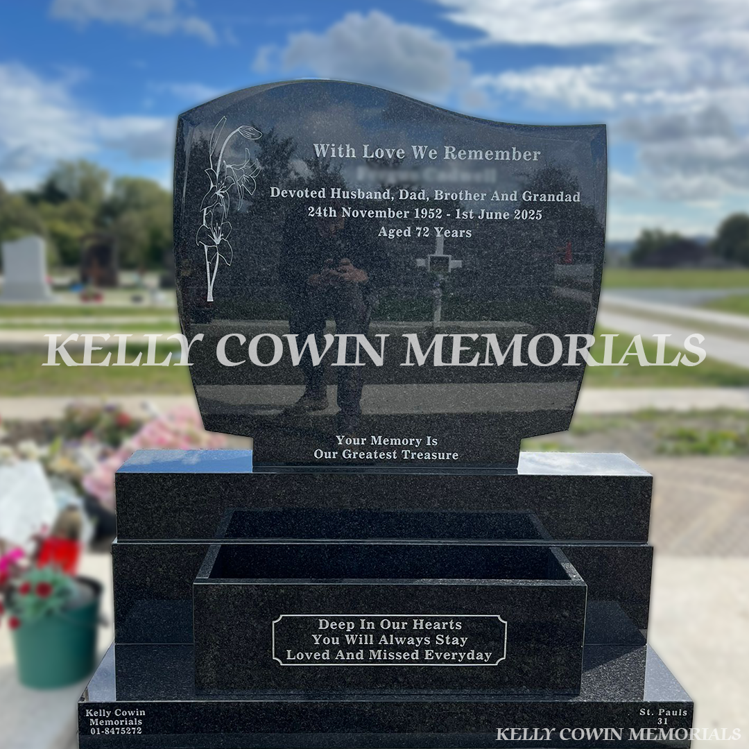 Rustenburg C1 granite headstone on sub base and base installed in Balgriffin Cemetery by Kelly Cowin Memorials