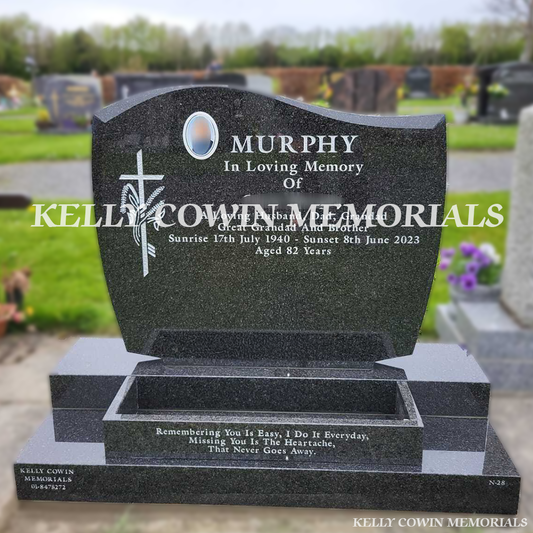 Front view of Rustenburg C1 headstone with silver inscription and oval ceramic photo in Newlands Cross Cemetery Dublin