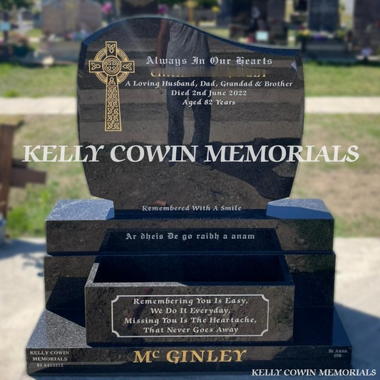 Front view of Rustenburg C1 headstone with flower box erected in Balgriffin Cemetery Dublin by Kelly Cowin Memorials