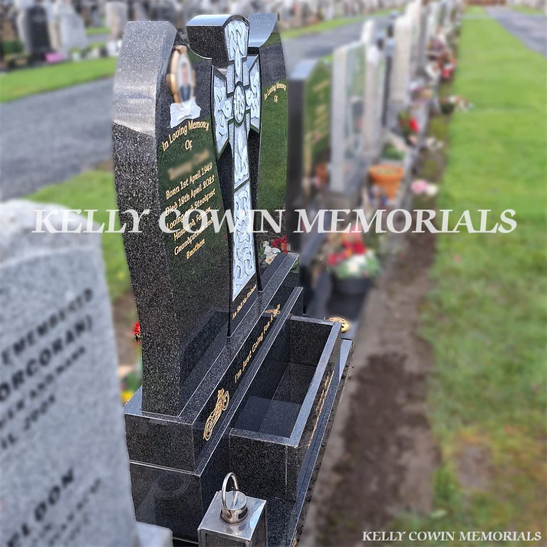 Side view of custom Rustenburg Celtic Cross headstone on base and plinth in Dardistown Cemetery Dublin