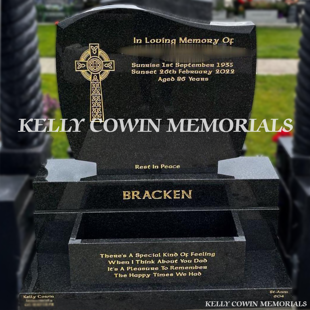 Front view of Rustenburg Granite C1 headstone on sub-base, base and plinth in Balgriffin Cemetery Dublin