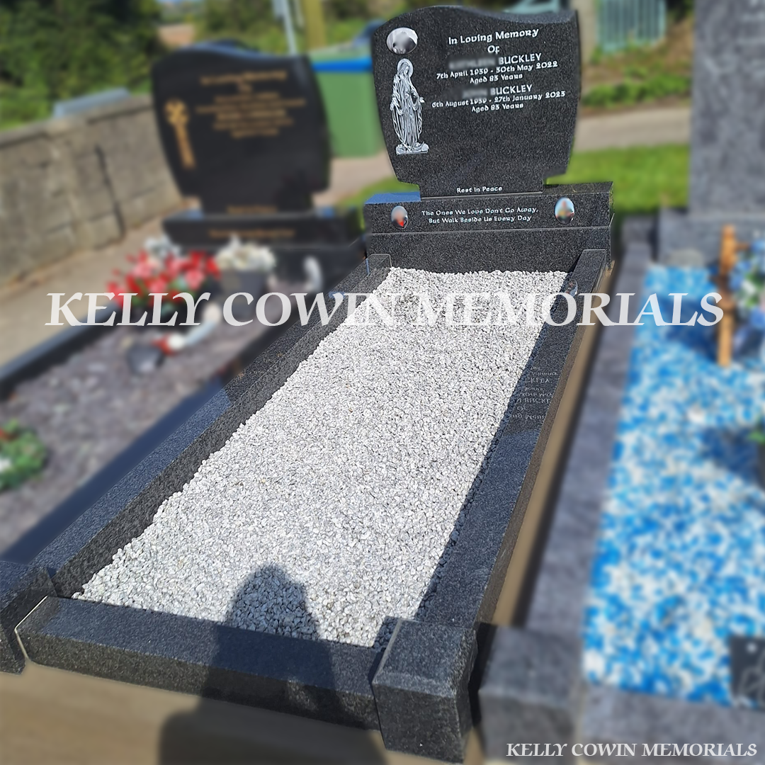 Side view of Rustenburg granite memorial with kerbing and grey chippings