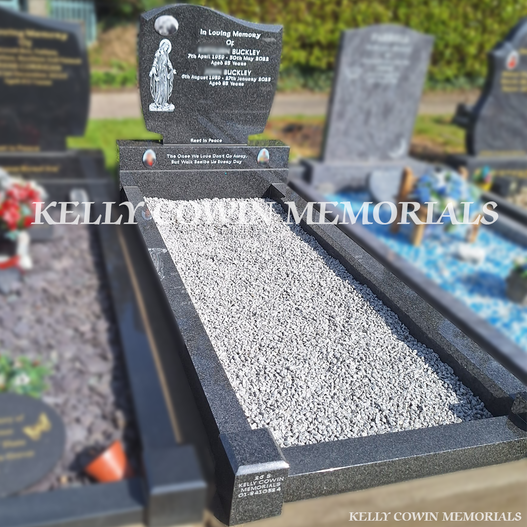 Side view of Rustenburg granite memorial with kerbing and grey chippings