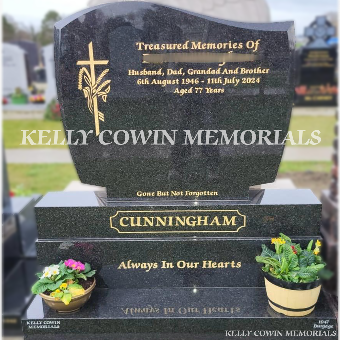 Rustenburg granite C1 headstone with gold inscription erected in Balgriffin Cemetery Dublin by Kelly Cowin Memorials