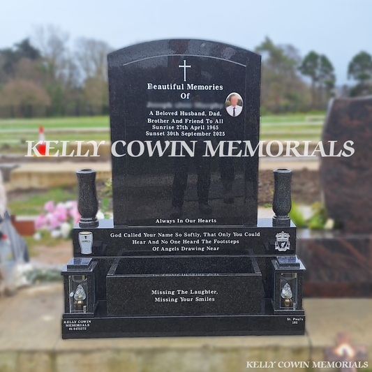 Front view of Rustenburg polished boulder headstone with silver inscription in Balgriffin Cemetery Dublin
