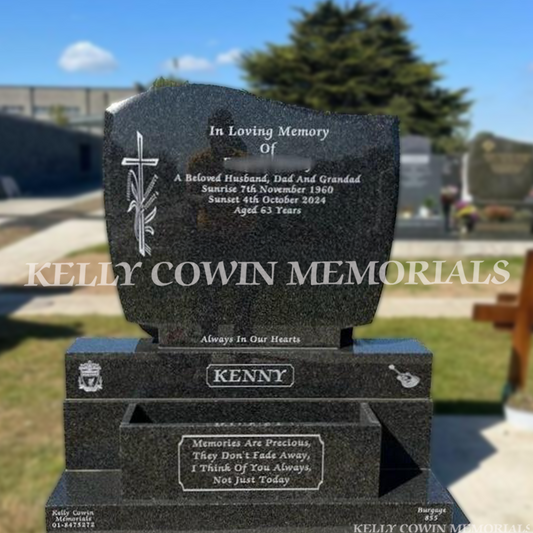 Rustenburg Granite C1 headstone with flowerbox, silver inscription and sheaf of wheat engraving installed in Balgriffin Cemetery by Kelly Cowin Memorials