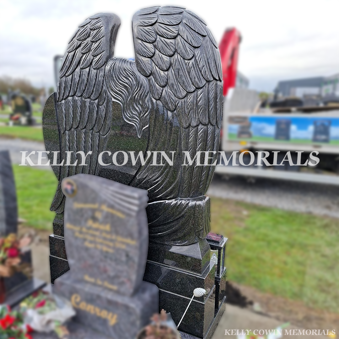 Rustenburg angel heart headstone with gold leaf inscription and solar lanterns installed in Dardistown Cemetery Dublin by Kelly Cowin Memorials”