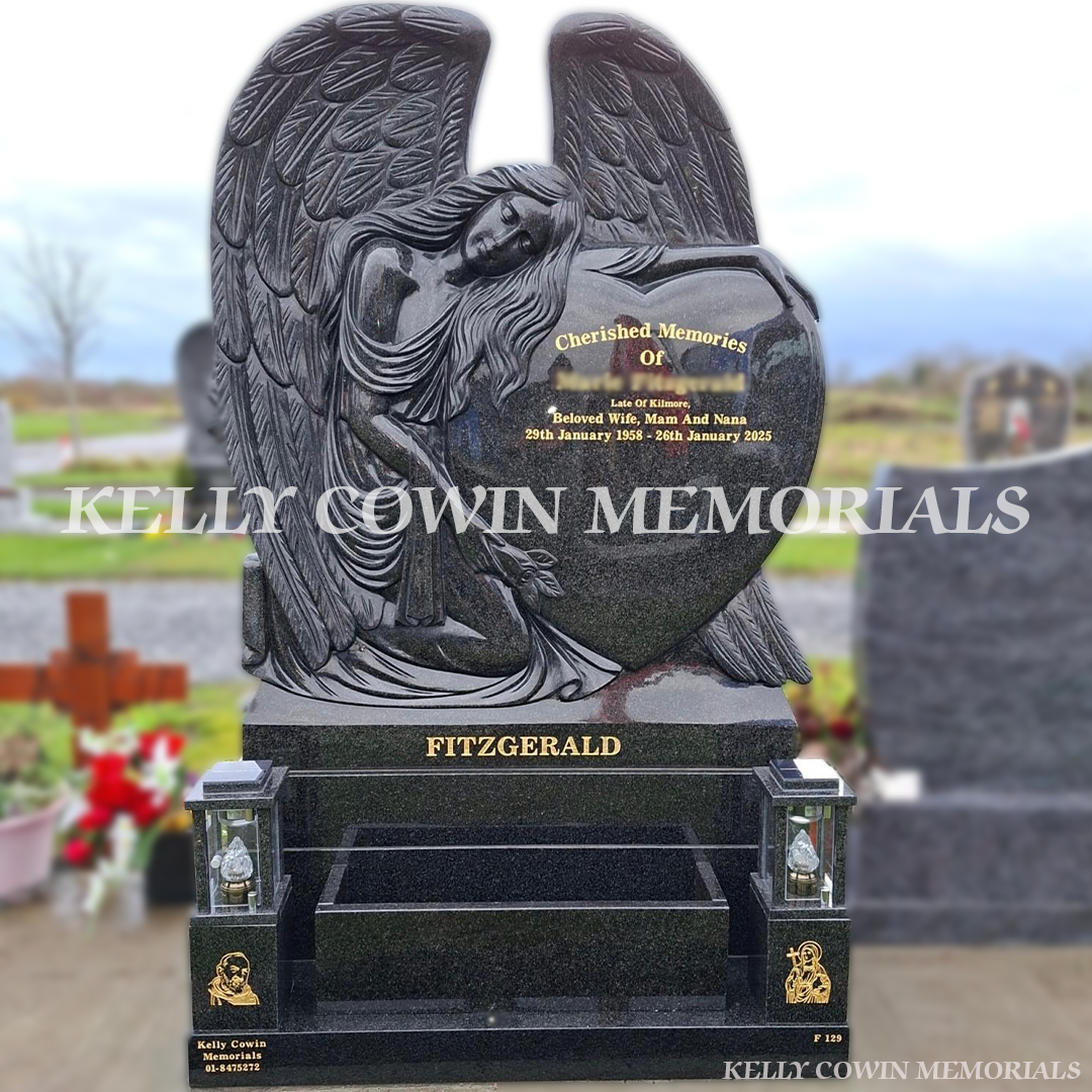“Front view of Rustenburg granite angel embracing heart headstone on sub base and plinth in Dardistown Cemetery Dublin”