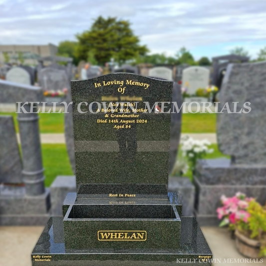 Rustenburg granite ogee headstone with base, plinth, flower box and gold leaf inscription in Balgriffin Cemetery, Dublin