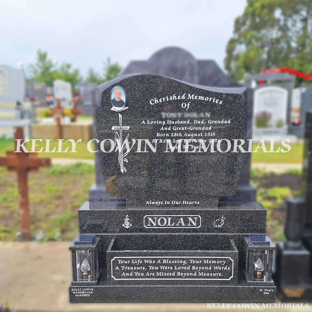 Rustenburg Granite C1 headstone with engraved verse plaque and memorial lanterns installed in Balgriffin Cemetery. Serving Dublin and families nationwide across Ireland.