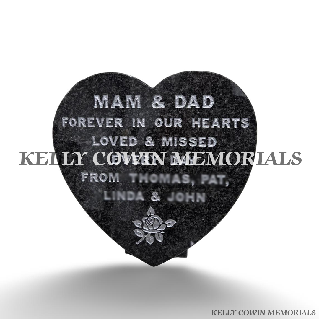 12 inch Rustenburg polished dark granite heart memorial plaque with personalised silver engraved inscription and decorative silver rose design by Kelly Cowin Memorials Ireland.