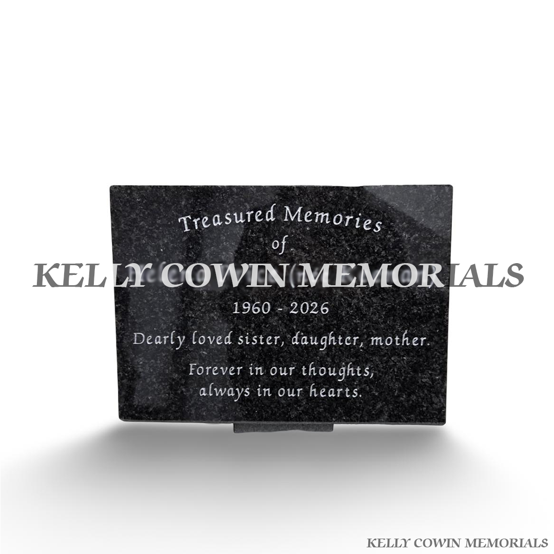 Rustenburg polished dark granite rectangular memorial plaque with personalised silver engraved inscription and matching granite support, handcrafted by Kelly Cowin Memorials Ireland.