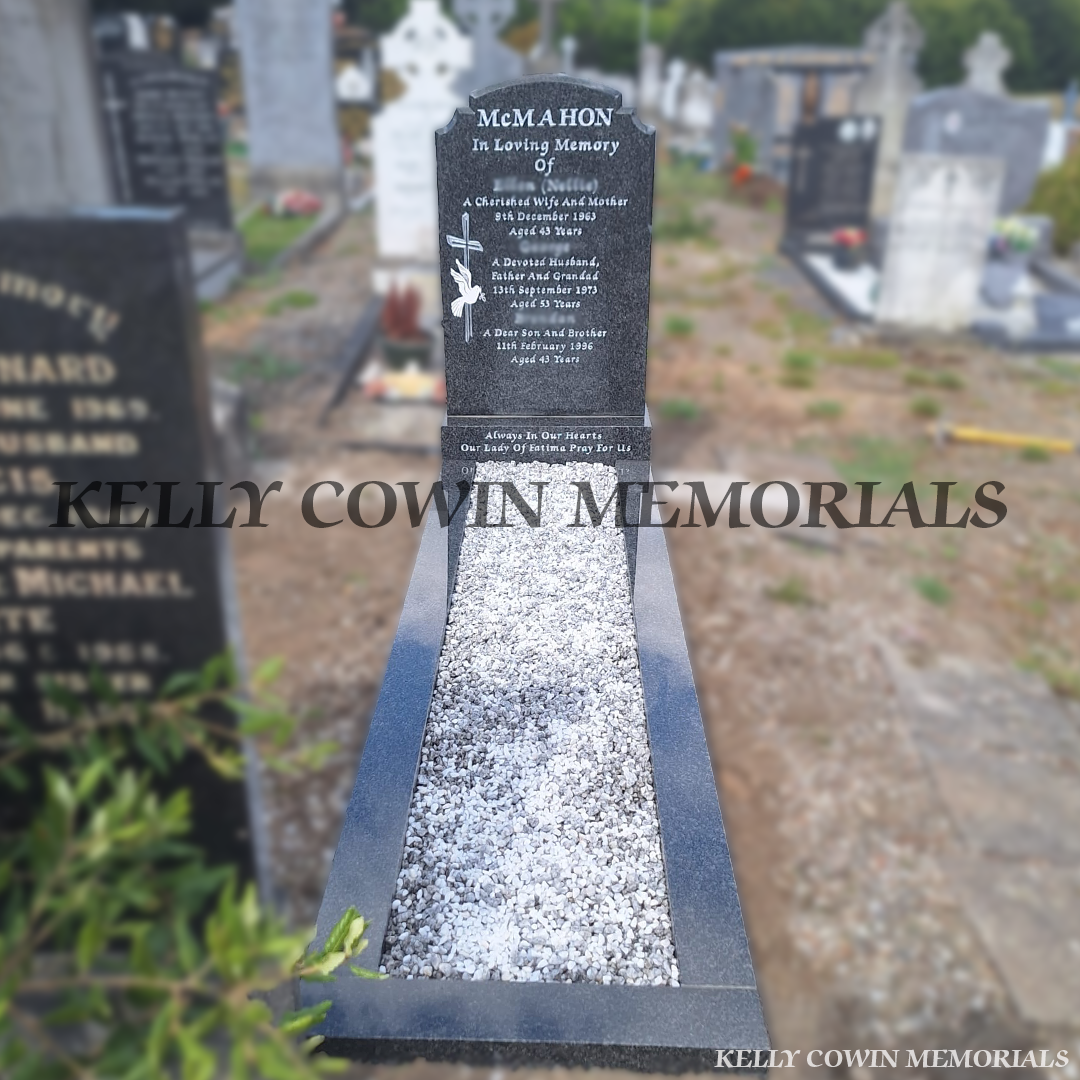 Rustenburg Top Nine granite headstone with base, full grey granite kerbing, white Moldovan chippings and silver inscription installed in Glasnevin Cemetery Dublin by Kelly Cowin Memorials.