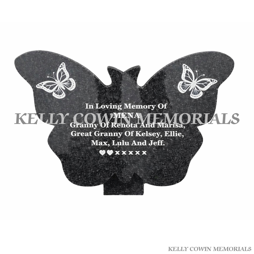 Rustenburg granite butterfly memorial plaque with personalised engraving, available locally and nationwide in Ireland.