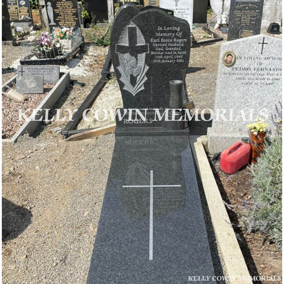 Front view of custom Rustenburg antique carved headstone with covering slab erected in Glasnevin Cemetery by Kelly Cowin Memorials