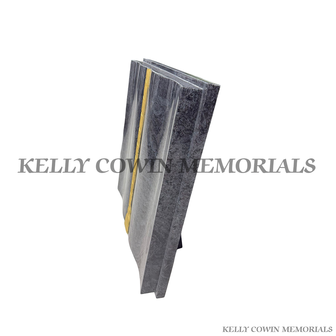 Blue Lagoon granite book memorial ornament for graves and headstones handcrafted in Dublin with nationwide delivery and fitting across Ireland side view