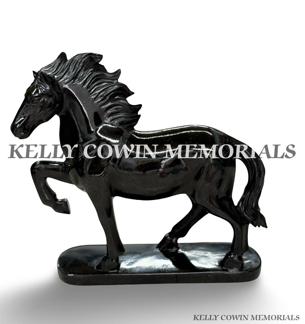side view of Black granite horse memorial ornaments available from Kelly Cowin Memorials in Ireland.