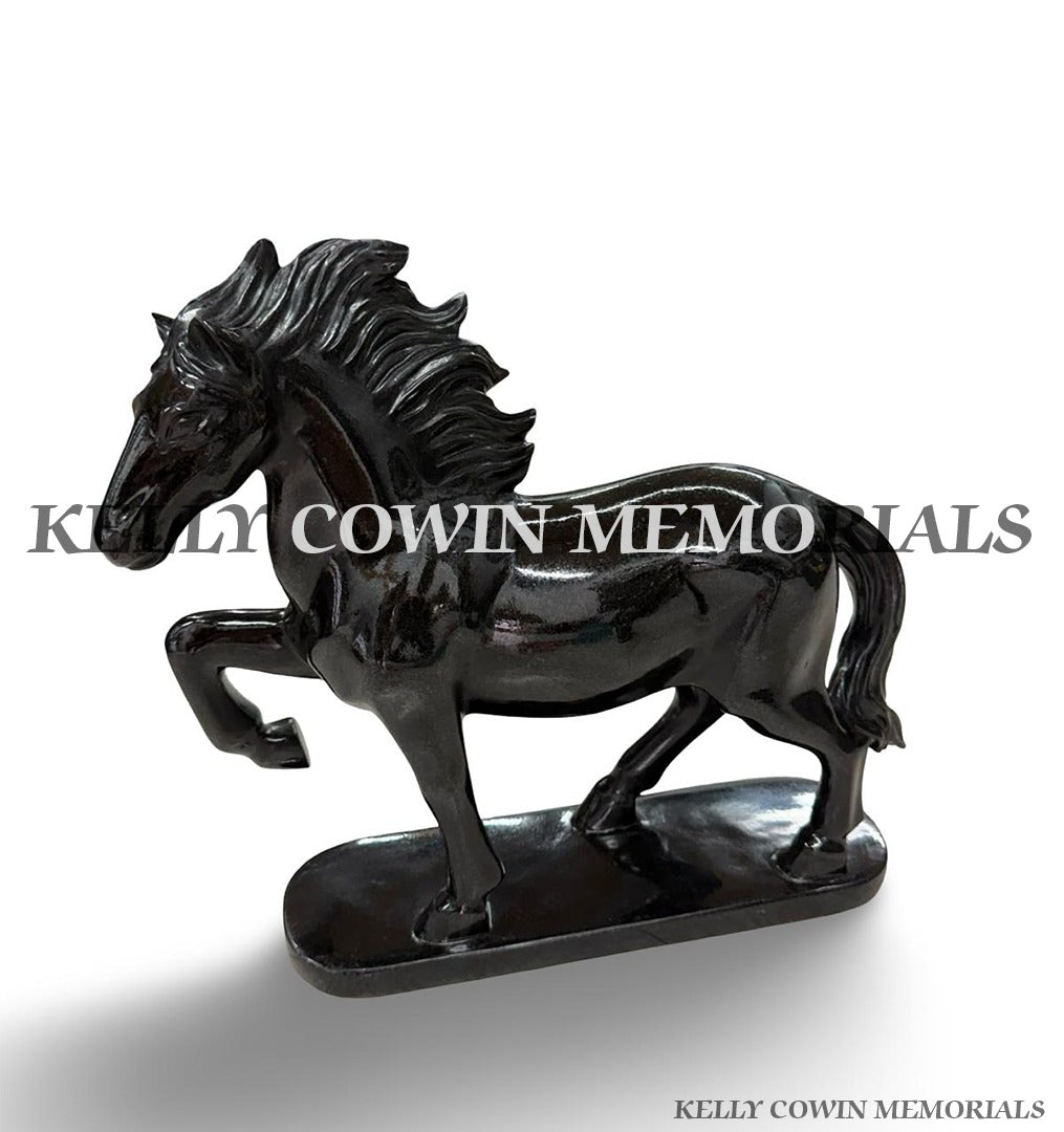 Alternative view of a Black granite horse memorial ornaments available from Kelly Cowin Memorials in Ireland.