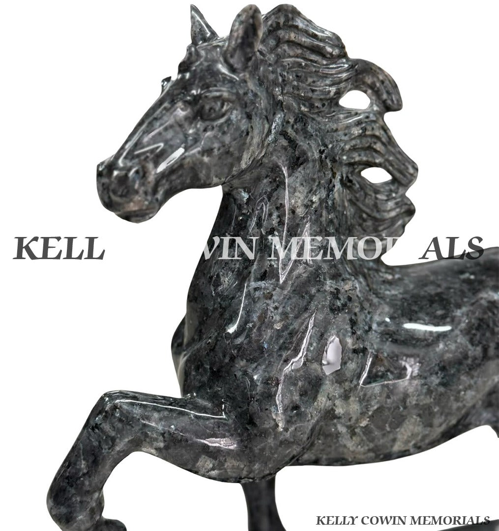  Blue Pearl granite horse memorial ornaments available from Kelly Cowin Memorials in Ireland.