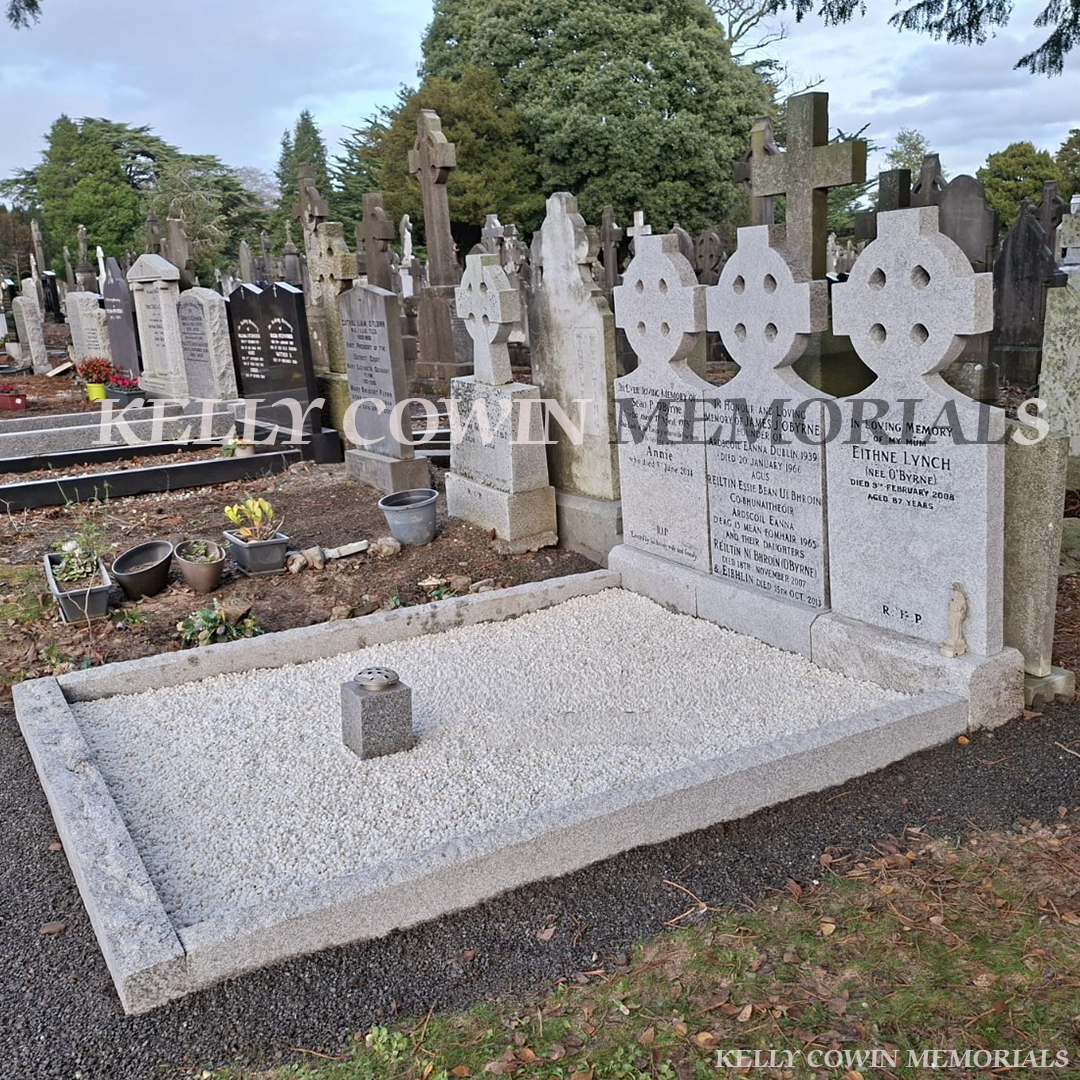 side view after grave renovation in Dublin showing restored memorial with new kerbing and fresh stone chippings, nationwide Ireland service