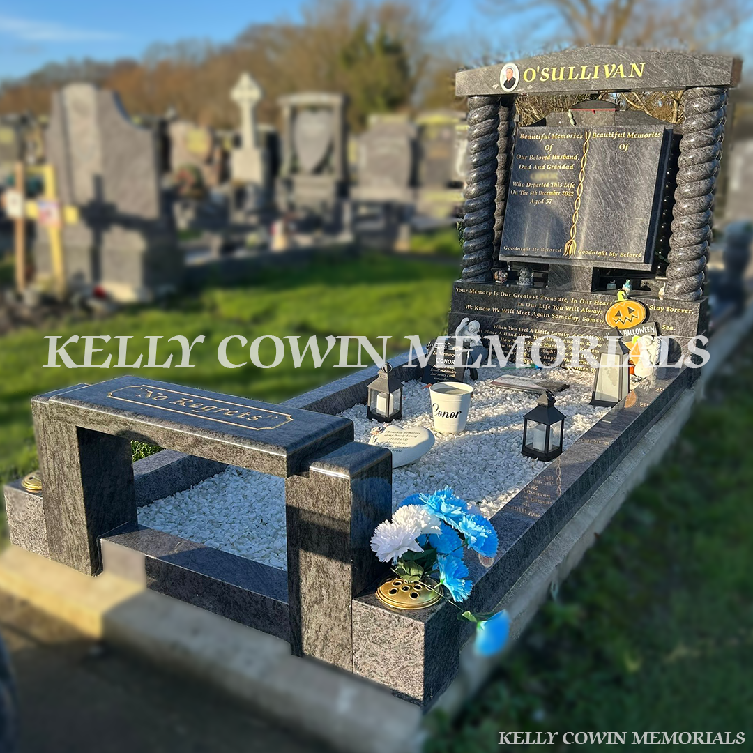 Blue Lagoon book shaped headstone with twisted pillars, kerbing and seat at Mulhuddart Cemetery Dublin
