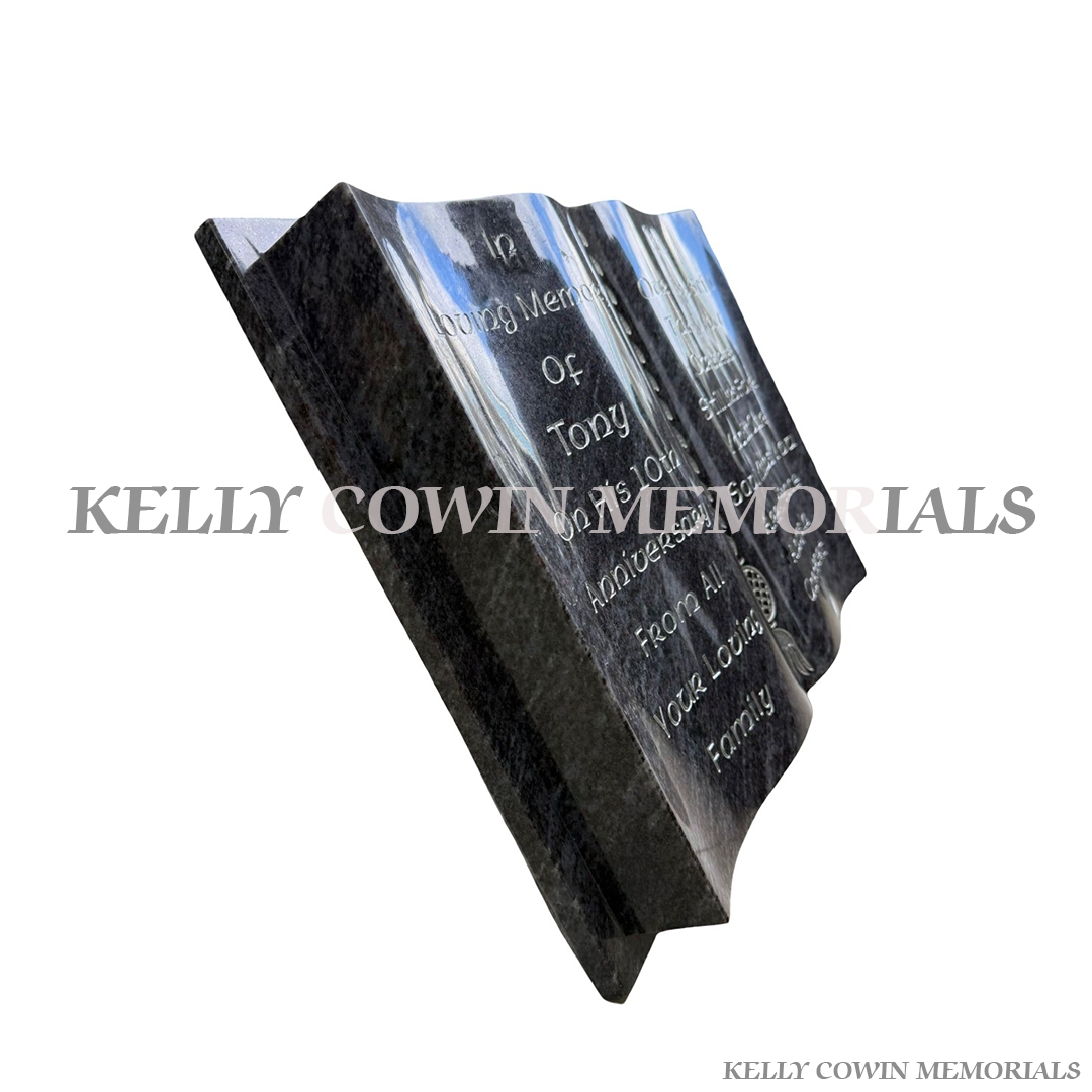 side view blue lagoon granite book memorial with silver engraved lettering and image personalised plaque Ireland